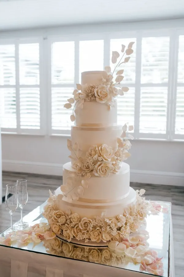 Lux White and Gold Five Tier Wedding Cake with Florals