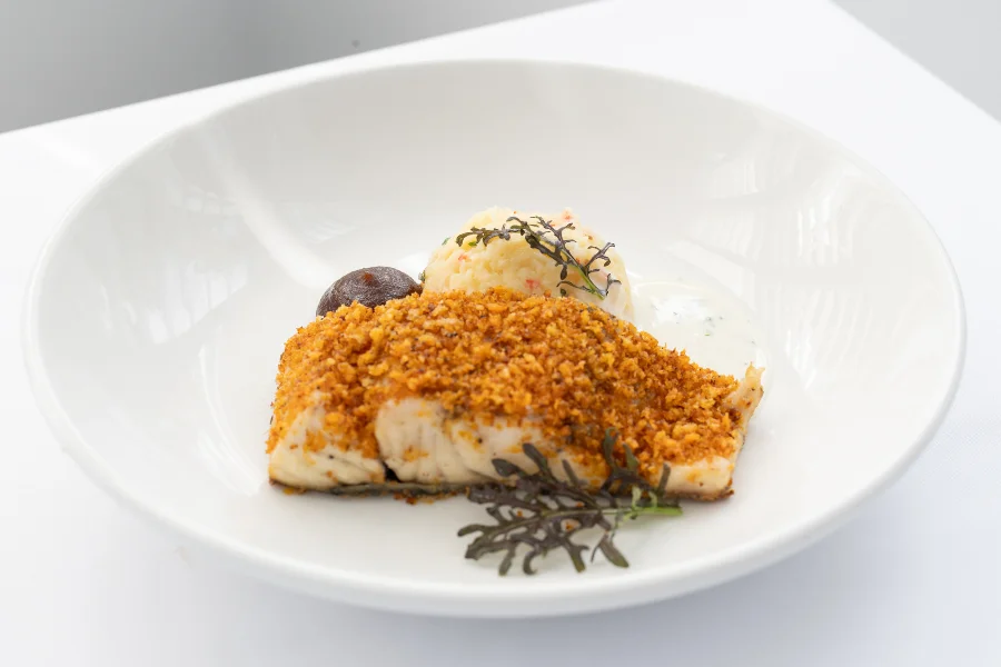 Crumbed Barramundi Chilli garlic crab mash - Oyster glaze - Lemon dill cream Crumbed Barramundi Chilli garlic crab mash - Oyster glaze - Lemon dill cream