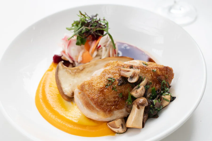 Lemon Thyme Marinated Chicken Seared oyster mushroom - Pickled sweet potato puree - Pinot noir jus Lemon Thyme Marinated Chicken Seared oyster mushroom - Pickled sweet potato puree - Pinot noir jus