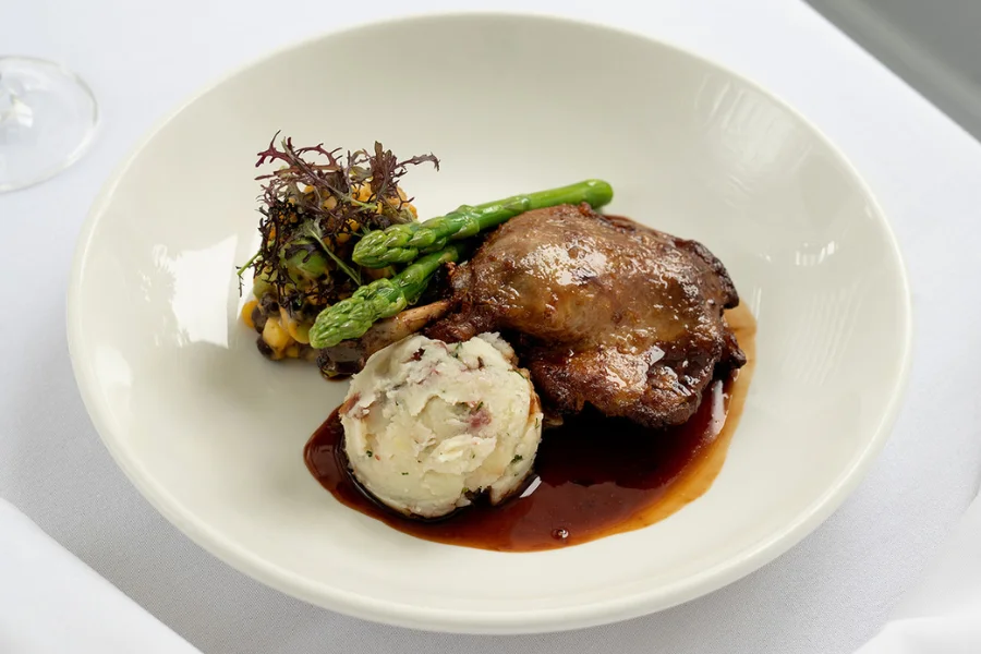 Ginger & Orange Confit Duck Cranberry crushed russet potatoes - Asparagus spears - Marsala pan gravy Ginger & Orange Confit Duck Cranberry crushed russet potatoes - Asparagus spears - Marsala pan gravy