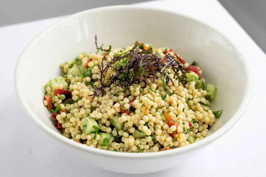 Herbed Lemon Pearl Couscous Roasted veggies - Cucumber - Tomato (DF/NF/V) Herbed Lemon Pearl Couscous Roasted veggies - Cucumber - Tomato (DF/NF/V)