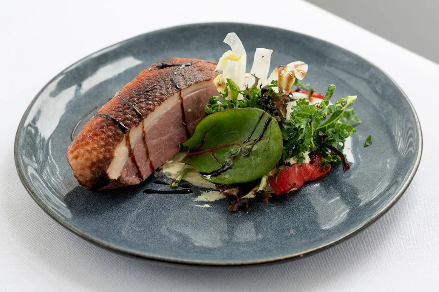 Smoked Duck Breast Goats curd mousse - Kale & roast capsicum salad - Balsamic beet chutney Smoked Duck Breast Goats curd mousse - Kale & roast capsicum salad - Balsamic beet chutney