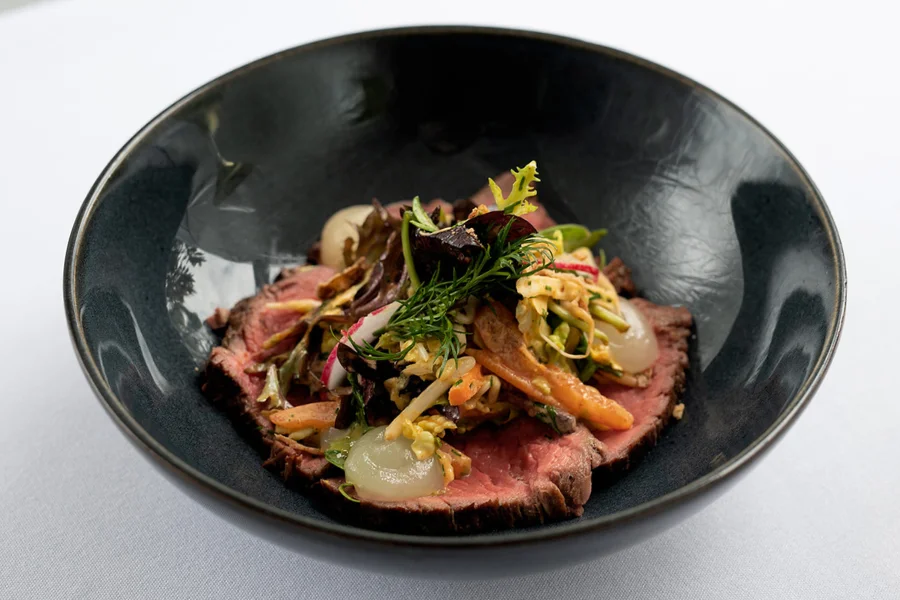 Asian Style Rare Beef Salad Tatsoi horiatiki salad - Bean shoots - Yuja tea balm - Coriander chilli dressing Asian Style Rare Beef Salad Tatsoi horiatiki salad - Bean shoots - Yuja tea balm - Coriander chilli dressing