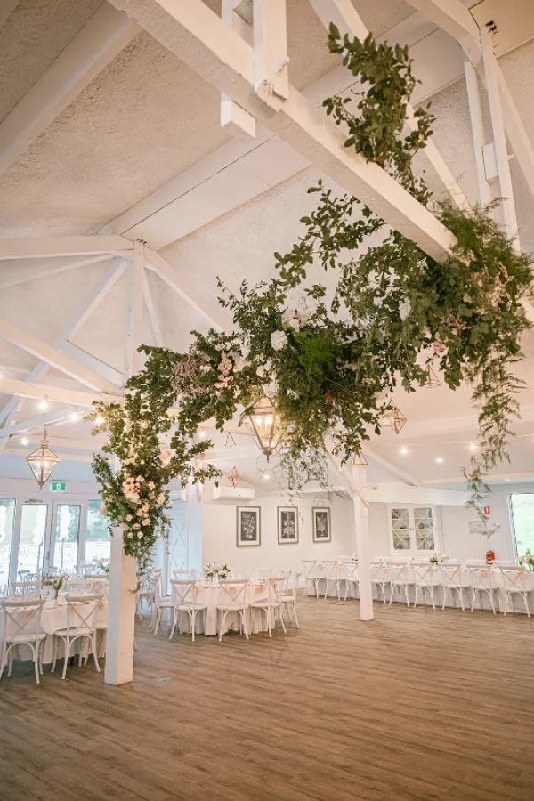 SS - Rustic Wedding Reception Styling Ceiling Florals