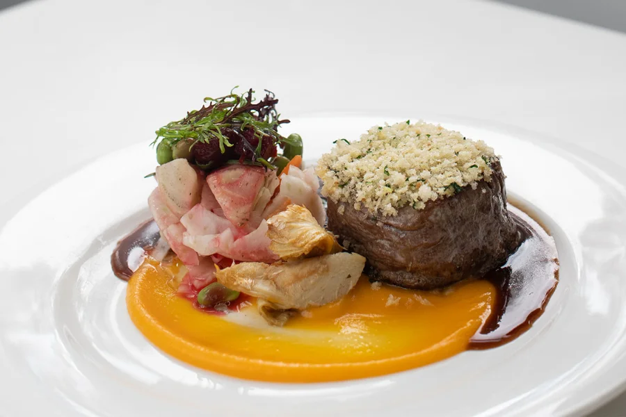 Grain Fed Beef Tenderloin Pink pepper crust - Thyme pumpkin hummus - Caramelised artichoke - Madeira glaze Grain Fed Beef Tenderloin Pink pepper crust - Thyme pumpkin hummus - Caramelised artichoke - Madeira glaze