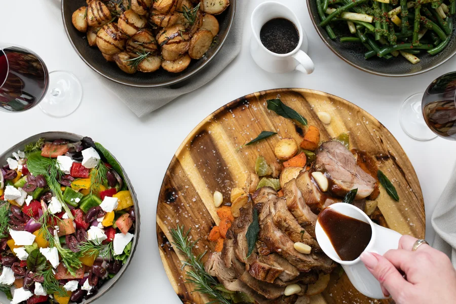 Braised Pork Scotch Roast Roasted root vegetables – Confit garlic – Fried sage – Pink Murray River salt flakes (GF/NF)