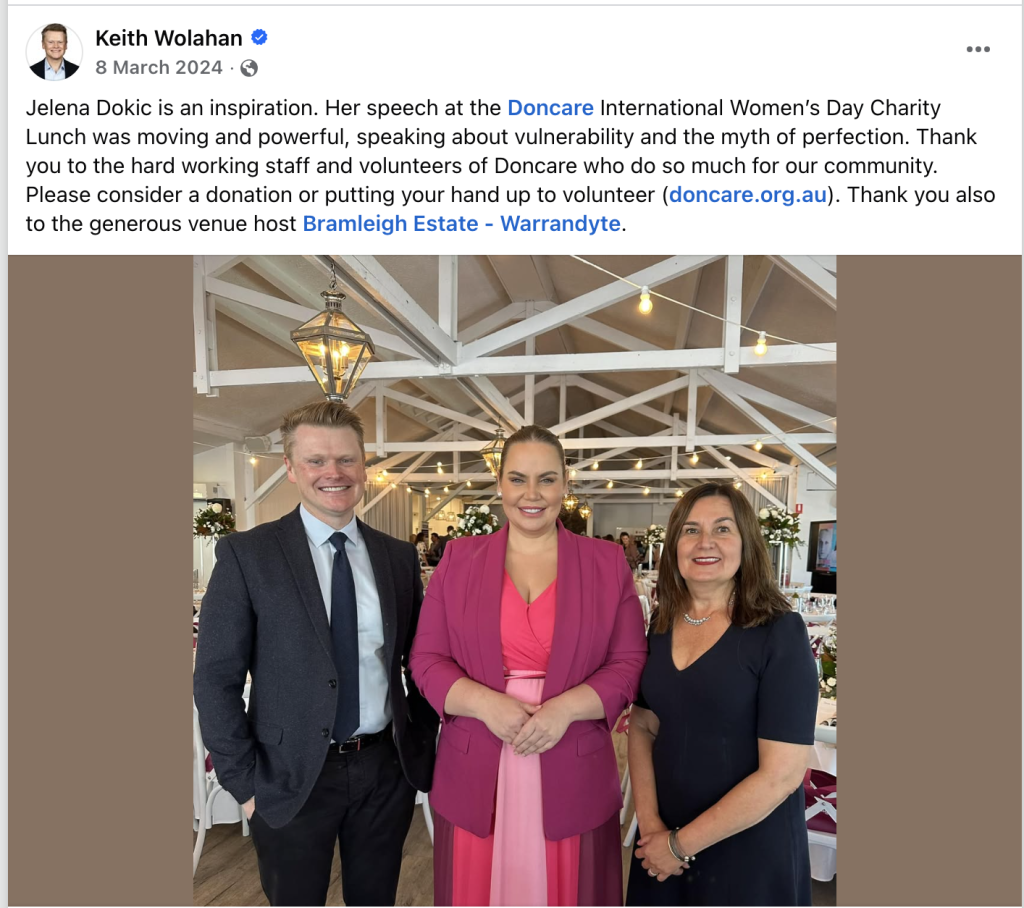 Jelena Dokic speaking at the International Women’s Day fundraiser at Bramleigh Estate, supporting Doncare through Community Connections.